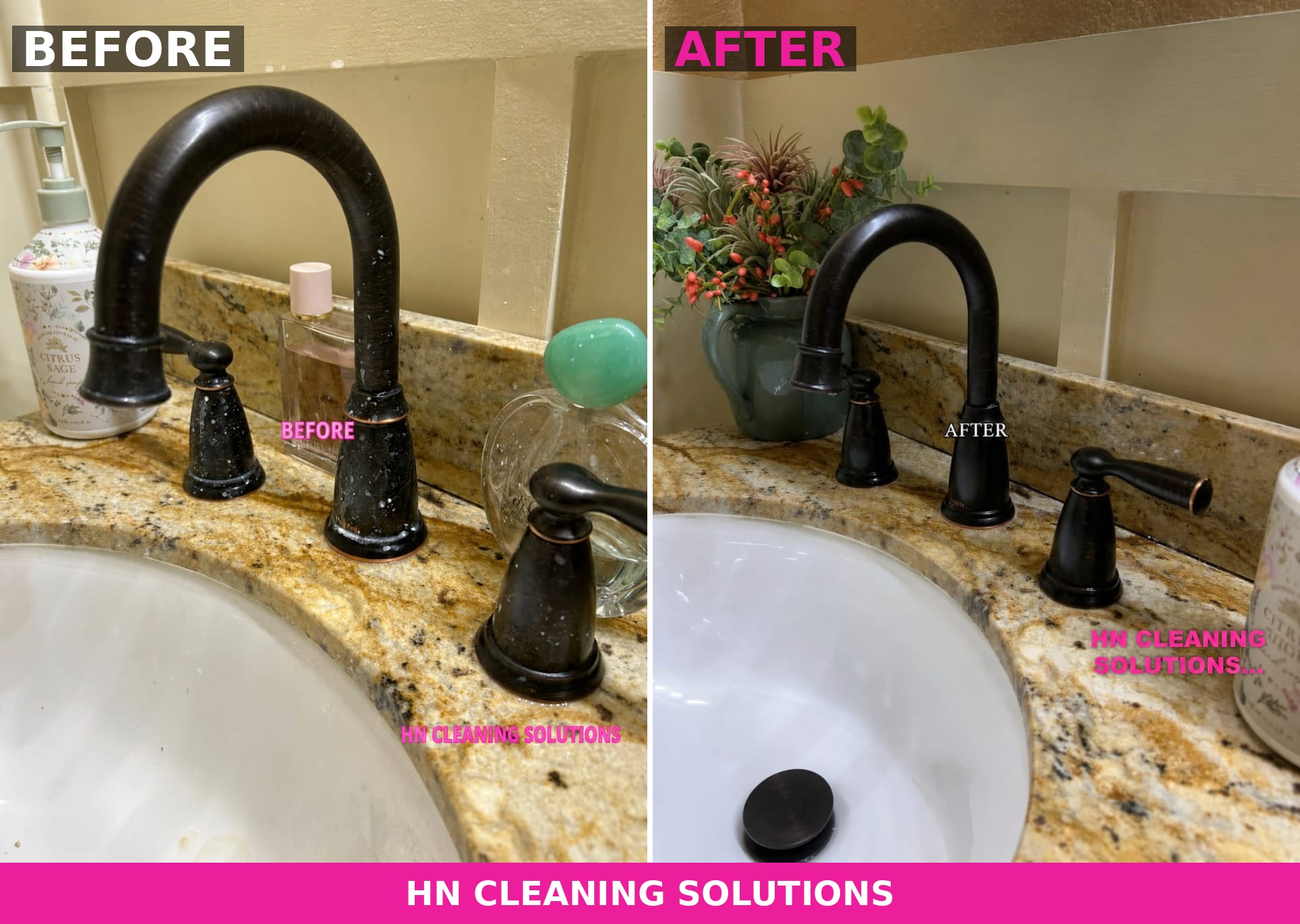 Before and after faucet and granite counter cleaning by HN Cleaning Solutions Hamilton