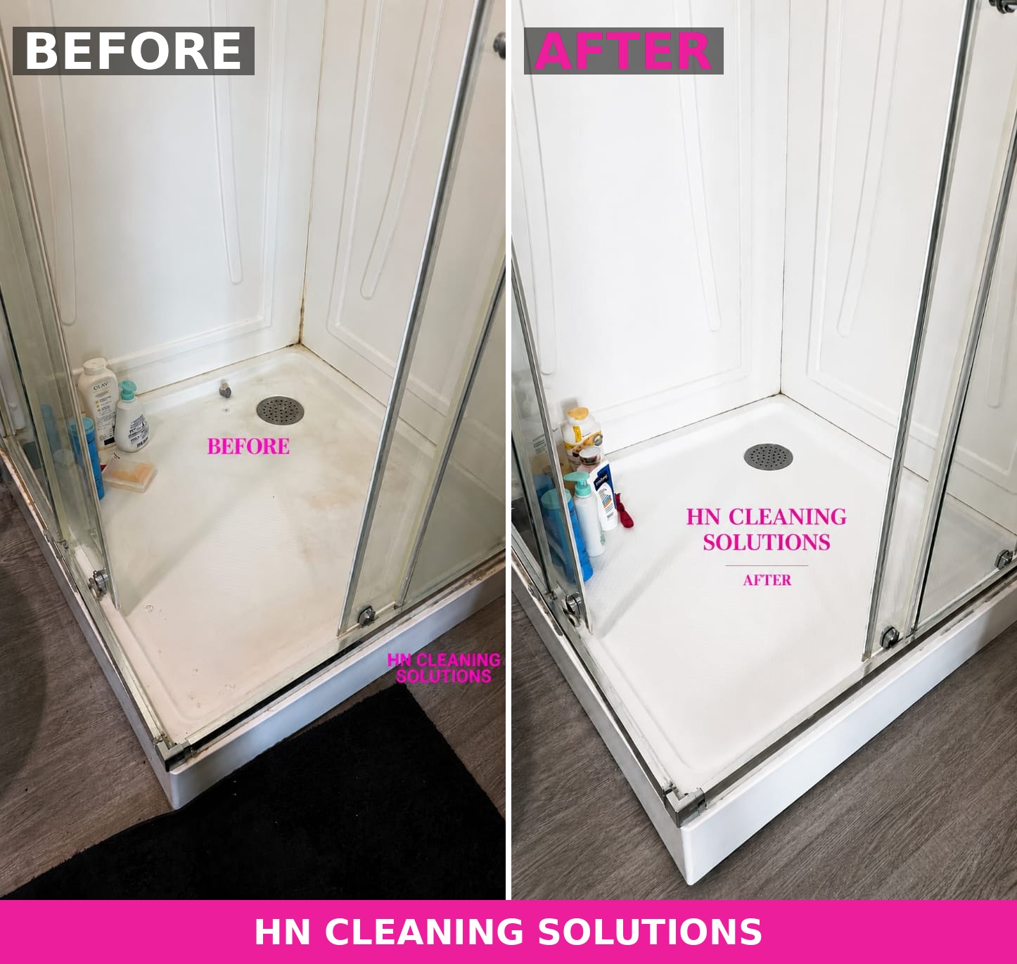 Before and after shower stall cleaning by HN Cleaning Solutions Hamilton